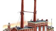 A drawing showing a large crossbar being hauled into place between two tall smokestacks to make a giant "H" for "Harvard"