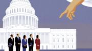 An illustration by James Steinberg shows a heavenly hand extending down to the U.S. Capitol and attempting to influence members of Congress