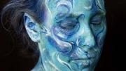 Meyerhoff's self-portrait as “ocean waves”—with blue hair, blue skin, and blue and white swirls indicating waves