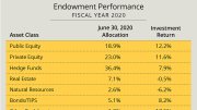 Exhibit showing Harvard Management Company investment returns by asset class in fiscal year 2020