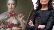 A photograph of art historian Cassandra Albinson next to a photograph of a portrait of the Marquise de Pompadour applying pink rouge to her cheeks