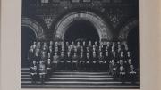 Formal portrait of the Board of Editors for volume 70 of the “Harvard Law Review” (1956-1957), photographed on the steps of Austin Hall. The author, only the third woman admitted to Review membership, stands in the fourth row, at upper left.
