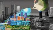 Illustration of a watering can irrigating a city to make it healthy