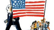 Illustration showing U.S. flag pulled different directions by an oligarch and ordinary citizens