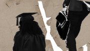 A paper ripped down the middle: on left, a college graduate looks over their shoulder; on right, an employer with a briefcase walks in the opposite direction