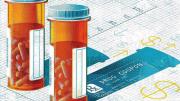 Illustration of pill bottles, and the long shadow of higher drug prices supported by coupons