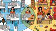 Illustration showing that a blend of working from home and in the office leads to better-performing and happier employees