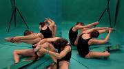 Repeated images of a ballet dancer warming up amid a teal background