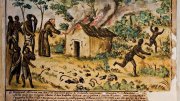 Conflicting cultures in Africa: “The Missionary burns the House of a Witch,” ca. 1750, from the book, Images on a Mission in Early Modern Kongo and Angola