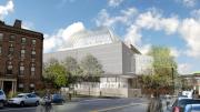 In this view at the corner of Prescott Street, the new construction—gallery space and a new entrance—is shown, replacing the Busch-Reisinger and fine arts library complex.