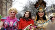 Members of the Hasty Pudding Theatricals honored Anne Hathaway with a parade during her January 28 visit to Harvard.