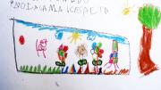A close-up of a child's drawing depicting a scene from a book the child had read with a parent or teacher. These drawings, displayed outside a classroom at a UBC school, show the type of engagement with books the program tries to cultivate in students.