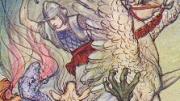 Bellerophon on Pegasus dispatches the Chimaera, as Milo Winter saw it in A Wonder-Book.