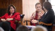 U.S. district judge Nancy Gertner (left) listens as Linda Greenhouse ’68, formerly the Supreme Court reporter for the New York Times, questions Supreme Court Justice Ruth Bader Ginsburg.