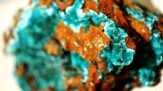 Blue-green aurichalcite on reddish gossan, from the Ojuela Mine in Mapimí, Durango, Mexico