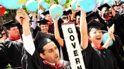 Jubilation among new graduates of the Harvard Kennedy School after the conferral of their degrees