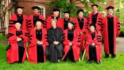President Drew Faust and Provost Steven Hyman with the 2010 honorary degree recipients. Back row, from left to right: David Nathan, Freeman Hrabowski, Richard Serra, David Souter, Thomas Nagel, Thomas Cech, and Hyman. Front row, from left to right: Onora O'Neill, Meryl Streep, Faust, Susan Lindquist, and Renée Fox.