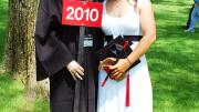 Photograph by Harvard Magazine/VL May 27, 2010 - Cabot House roommates Shawna Sinnott, of Boston, and Michelle Konstadt, of Armonk, New York, were the first members of the newest alumni class to arrive at its designated staging site for the alumni parade.