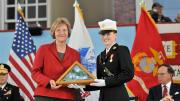 After her speech, President Faust received an American flag (previously flown over Harvard Yard and the ROTC unit’s MIT headquarters) from U.S. Marine Corps cadet Shawna L. Sinnott on behalf of all the cadets.
