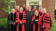 President Faust with this year's honorary degree recipients. From left to right: Sidney Verba, Pedro Almodóvar, Steven Chu, Wynton Marsalis, Ronald Dworkin, Faust, Wendy Doniger, Joan Didion, Sarah Blaffer Hrdy, Anthony Fauci, and Robert Langer