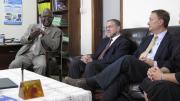 Harvard University provost Steven E. Hyman visited Uganda in August 2009 to learn about the partnership between Harvard and MUST. Here, Hyman (center) meets with Bangsberg (right) and vice chancellor Kayanja (left). 