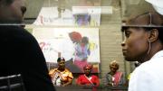 Foreground: Rogers and Thabethe. Background: Makhosi Memela, Makhosi Mbele, Makhosi Msomi.