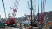 Cranes dominate the future site of the Law School&rsquo;s Northwest Corner Building. 