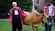 Harvey Cox, Harvard’s ninth Hollis professor of divinity, introduces Faith, his guest of honor, and Ben Holmes, both from The Farm School, in Athol, Massachusetts.