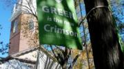 Trimmed in green for Gore's speech, Tercentenary Theatre was ringed with food tents serving locally produced hot cider, squash soup, and apple crisp to check the chills brought on by a raw fall day. (The photograph was taken earlier in the week when clear skies prevailed.)