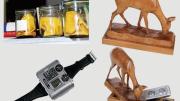 Tools of Stasi spying: jars containing dust cloths used to capture the body scent of people the Stasi was trying to track; a deer statuette with a camera hidden inside; a Swiss-made Tessina 35-mm miniature camera.