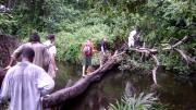 On the way to Nganyahun village, the volunteers tread a delicate path. GMin drove to the larger villages to drop off nets for storage until they could distribute them (carrying them from house to house in bails on their heads).