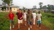 The GMin crew departs Sahn Malen for a village where they will distribute bed nets. From L to R: Clement Wright ’09, Justin Grinstead ’10, Sam Slaughter ’09, Jacob Segal ’09, David Sengeh ’10, Red Cross volunteer Anthony Lebbie, and Sengeh’s cousin Anthony Sengeh.