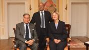 Left to right: Ratan Tata, Nitin Nohria, and Drew Faust at Harvard Business School.