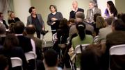 The panel discussion at the Laboratory at Harvard opening. From left to right: Michael John Gorman, Lisa Randall, David Edwards, Mohsen Mostafavi, Ken Arnold, Donald Ingber, and Diane Paulus.