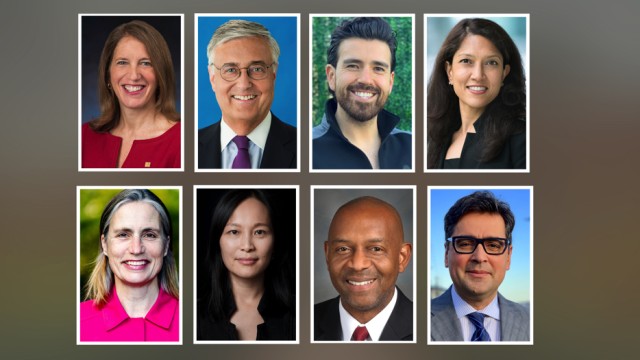 Photographic portraits of HAA nominating committee nominees for Harvard Board of Overseers: Top row, left to right: Sylvia Mathews Burwell, Jeffrey D. Dunn, Arturo Elizondo, Srishti Gupta Narasimhan Bottom row, left to right: Fiona Hill, Vanessa W. Liu, Robert L. Satcher Jr., Luis A. Ubiñas