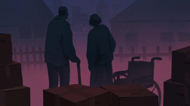 An elderly couple with infirmities stand on a sidewalk with their moving boxes