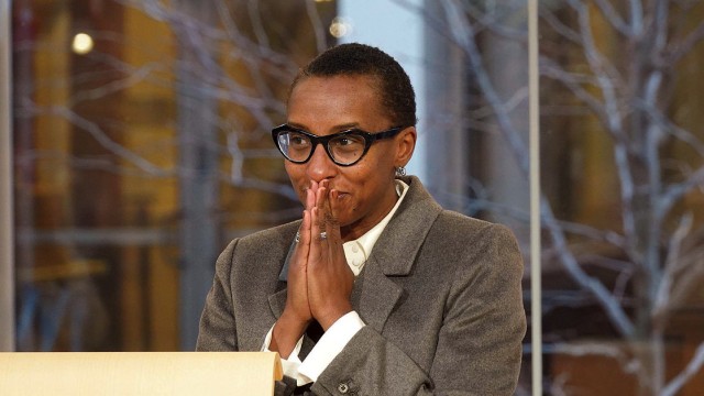 Claudine Gay, president-elect, reacts to crowd ovation December 15, 2022, as her appointment is announced.