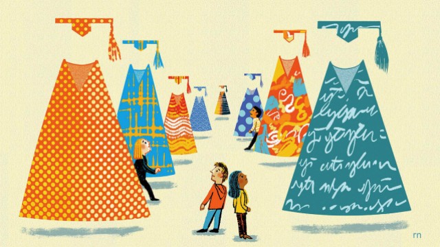 An illustration depicting students choosing among different varieties of branded college experiences