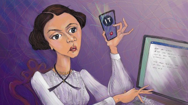 Illustration of Emily Dickinson talking to tech support