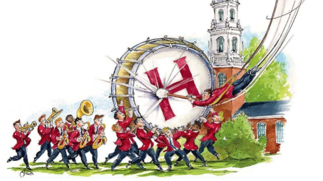 Cartoon of Harvard Band’s large drum