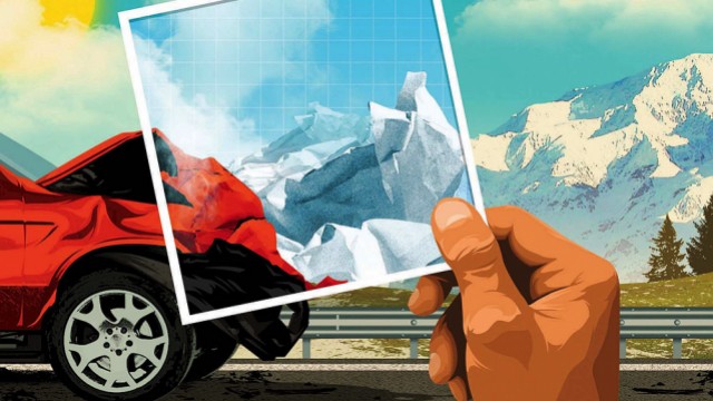 An illustration of the crumpled front end of a car that has been in an accident with mountains that are the result of crumpling of Earth's crust, rising in the background