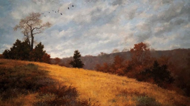 Landscape painting of wide sky and golden field with trees in the distance 