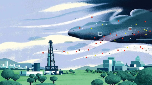 Illustration of a city downwind from a fracking well