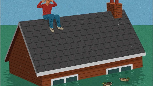 Illustration of a man plugging his ears on the roof of his house as floodwaters engulf the building