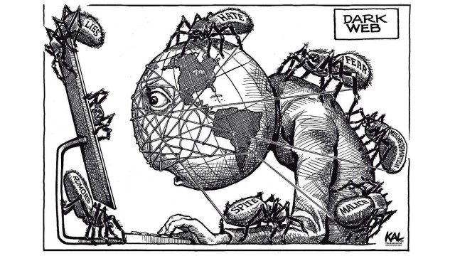 A black and white cartoon shows a computer-user, with Earth’s globe for a head, stares into a screen, while spiders labeled “hate,” “misinformation,” “fear,” and “lies” crawl across his body, wrapping him in their webs.