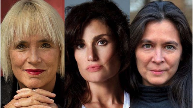Three headshots: V (formerly Even Ensler), Idina Menzel, and Diane Paulus