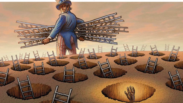 Image of Uncle Sam walking away with ladders, leaving a brown hand grasping from a hole in the ground
