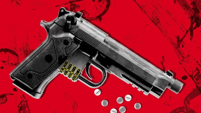 An illustration of a handgun with bullets