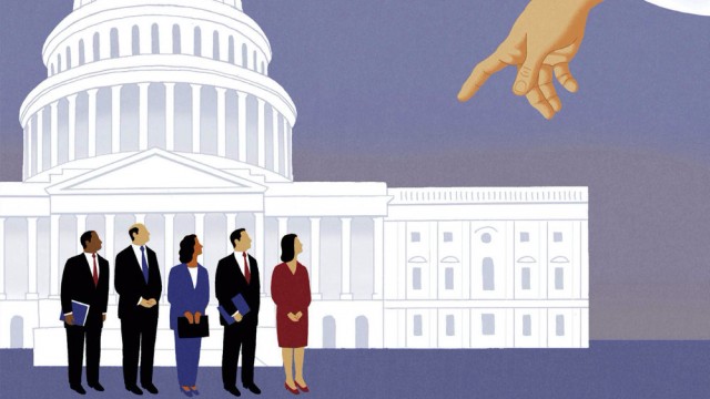 An illustration by James Steinberg shows a heavenly hand extending down to the U.S. Capitol and attempting to influence members of Congress