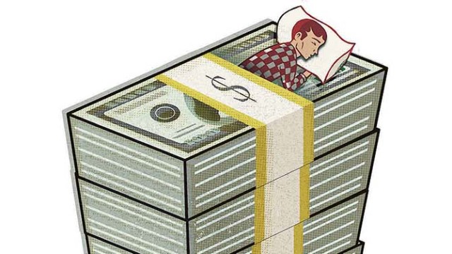 Illustratio of a man sleeping on a mattress made of stacks of dollars.